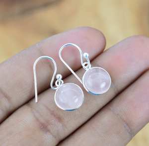 Boucles d'oreilles rondes en quartz rose, en argent Sterling 925, bijoux en pierres précieuses faits à la main, cadeau pour femmes, 1 paire - Product Image 4