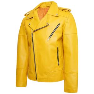 Veste de motard vintage pour homme en cuir d'agneau jaune avec col montant hiver toile fournisseur direct - Product Image 1