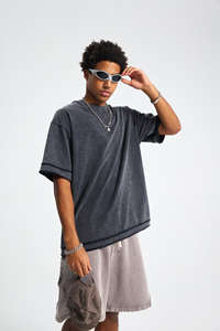 เสื้อยืดโอเวอร์ไซส์ทรงหลวมสไตล์สตรีทแวร์ ผ้าคอตตอน 100% น้ำหนัก 280 กรัม ล้างแบบวินเทจ แต่งลายปะติด แขนสั้น สำหรับผู้ชาย แบบสั่งทำพิเศษ - Product Image 2