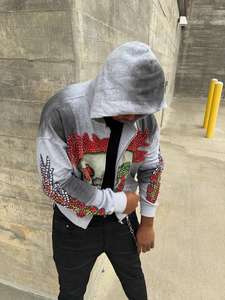 Sweat à capuche en coton à fermeture éclair avec strass imprimés numériques en gros, sweat à capuche surdimensionné personnalisé pour homme, vintage, noir, délavé à l'acide, déchiré - Product Image 2