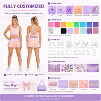 Set Pakaian Latihan Cheerleading Custom Motif Bunga Kupu-kupu Rok Flare Berlapis Belakang Bermotif Kotak-kotak Sublimasi Anti Luntur Berbagai Warna