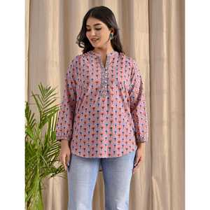 Blusa de Mujer con Estampado Floral Malva, Botones Bordados en la Parte Delantera, Corte Holgado, Tejido de Popelina, Seda y Lino, Talla XL, Estilo Formal - Product Image 3