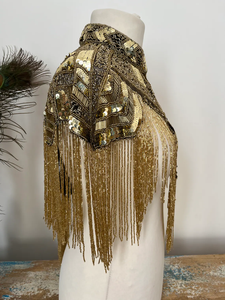 Robe de soirée élégante de style burlesque, cape droite, avec des fils de perles et des paillettes, longueur au sol, col en V, tenue de fête festive, se ferme au cou, magnifique pour les festivals - Product Image 3