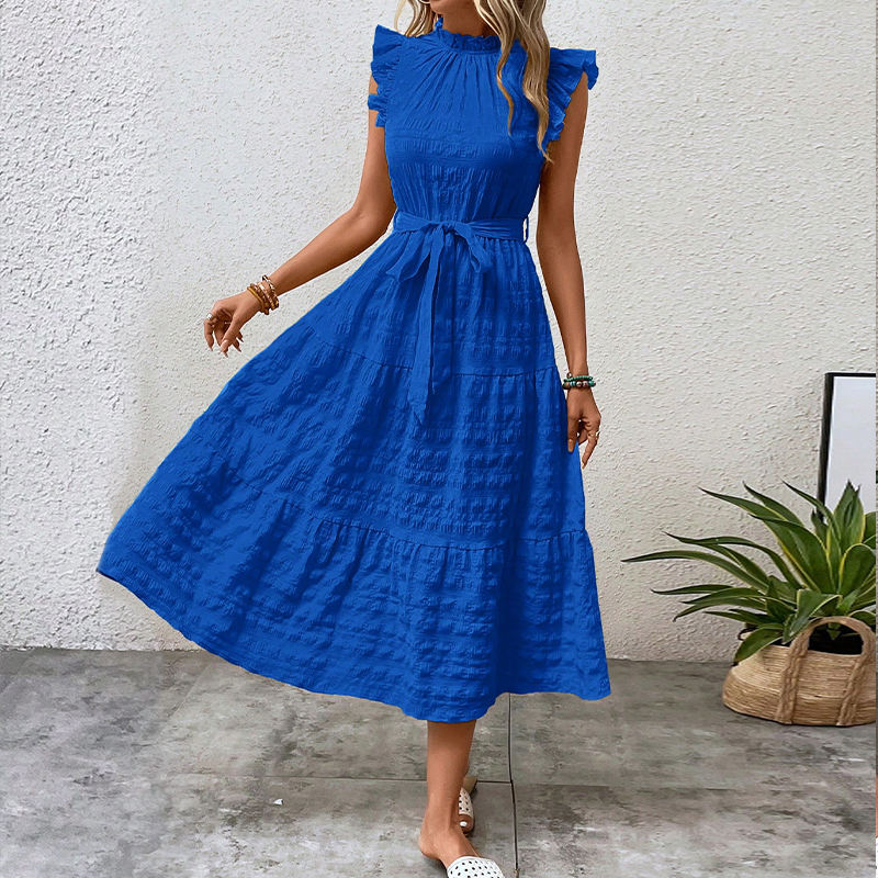 Summer Casual Dress Woven Ruffles Belted Waist Floral Embellished