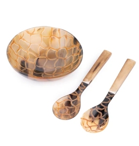 Bol de service à carreaux en corne de buffle naturelle avec cuillère et fourchette ensemble 6 pouces bol de service artisanal décor à la maison vintage - Product Image 1