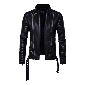 Invierno Caballero de negocios Cremallera térmica Bolsillo Decoración pu abrigo de cuero Cuello alto Slim Fit Cuero - Product Image 6