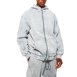 Custom Design 100% Cotton Vintage Manufacturer Sweatsuit Rhinestone Zip up Hoodie and Double Waist <b>Sweatpants</b> <b>Set</b> Men Tracksuit - Product Image 1