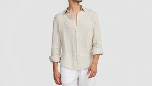 เสื้อเชิ้ตผ้าลินินลายทางสีน้ำตาลสไตล์วินเทจลำลองสำหรับผู้ชาย แขนยาว ปกคอพับ ปิดด้วยซิป แห้งเร็ว ประจำฤดูร้อนปี 2026 - Product Image 2