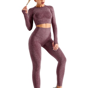Ensemble de vêtements de yoga actifs pour femmes, taille haute, uni, séchage rapide, extensible, doux, respirant, avec logo sur le devant, legging et haut à manches longues - Product Image 1