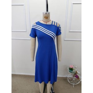 Vestido midi de viscosa con detalle de rayas y hombros descubiertos de manga corta para mujer, 32992 - Product Image 4
