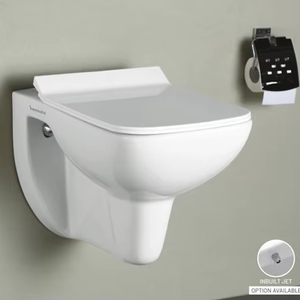 Inodoro de una pieza de cerámica blanca moderna, cubierta de asiento suave sin montura, doble descarga, montado en la pared, trampa P, pared de baño contemporánea - Product Image 1