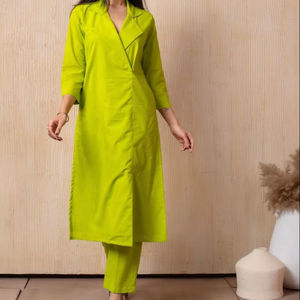 LIME GREEN COTTON COLLARED CO-ORD SET <b>Women</b> Solid Cotton Blend Straight Kurta And <b>Trouser</b> Long Co-ord Set - Product Image 1