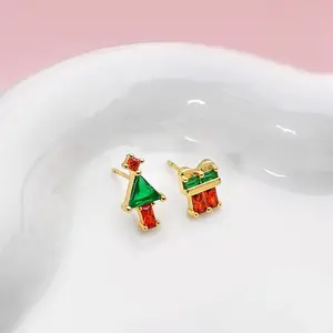 Christmas gift cute zircon earrings 18k gold plated green red color dainty tree and house Christmas stud earrings jewelry