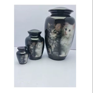 Urna para Mascotas Personalizable de Aluminio Estilo Americano de Alta Calidad con Estampado de Gato, Disponible en Varios Tamaños por Brassworld India - Product Image 1