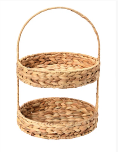 Bandeja de jacinto de agua natural de dos niveles con diseño lujoso, sofisticado y de moda para almacenar alimentos y decoración del hogar - Product Image 1