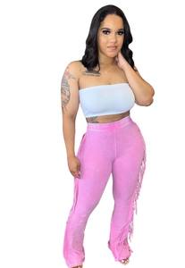 Boutiques Women Trousers New Arrival Fall Female Pants High Waist Washed Tassel Woman Falred Pants <b>Leggings</b> - Product Image 6