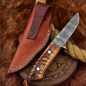 Custom Handmade DIY Damascus Steel Straight Edge Skinning Hunting <b>Knife</b> Fixed Blade Ram Horn Handle Leather <b>Sheath</b> Outdoor - Product Image 3
