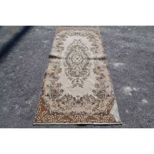 Tapis Vintage en Laine 3.3 X 7.1ft Motif Floral Classique Beige Marron Style Kilim pour Salon Latex Couloir Rectangle Patchwork Design - Product Image 1