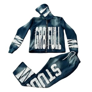 Wholesale Mono Riders Vintage Men's 2024 Winter Jogging Sweatsuits Distressed <b>Patch</b> Embroidery Acid Wash Flare Hoodie - Product Image 3