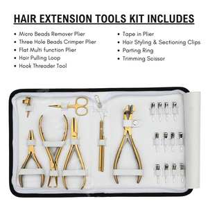 Hair <b>Extension</b> Tools Kit Flat Crimping Plier Tape-In Applicator <b>Bead</b> Opener Pulling Loop Hook Scissors and 12 Duckbill Clips - Product Image 2