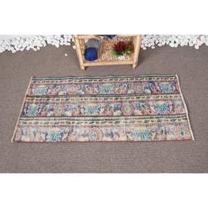 พรมขนสัตว์ตุรกีแบบวินเทจทำด้วยมือสีฟ้าคลาสสิก2 x 4.3ft สี่เหลี่ยมผืนผ้าเย็บปะติดปะต่อกันรูปแบบห้องโถงนามธรรมสำหรับน้ำยางที่อาศัยอยู่ - Product Image 1