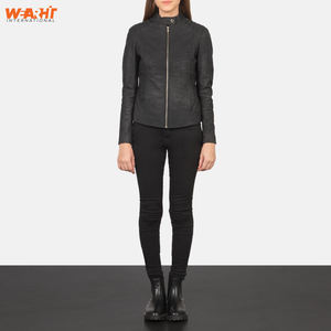 Veste Slim Fit en cuir noir véritable pour femmes élégantes, fermeture à glissière, col montant, manteau décontracté élégant, solide, léger et respirant - Product Image 5