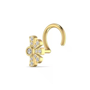 14KT Real Gold <b>Nose</b> Pin 0.06CT Diamond Exquisite Half Crystal Flower Shape Unique New Fashion Fine Body Piercing for Gift - Product Image 1