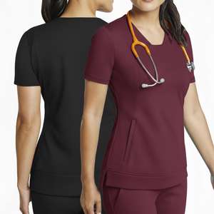 Uniforme Médico Profesional para Mujer, Cuello en V, Manga Corta, Azul Marino y Negro, Corte Atlético, Uniforme de Hospital - Product Image 4