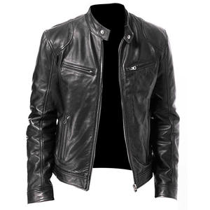 Chaqueta de cuero para hombre, estilo motociclista, ajustada, para primavera y otoño, talla XS, moda transfronteriza, nueva, con cremallera, teñida lisa, con revestimiento. - Product Image 1