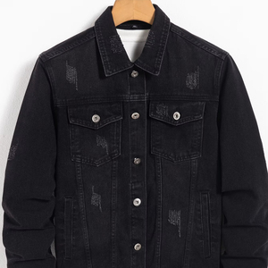 Chaqueta vaquera para hombre-Chaqueta regular negra, moda callejera con rasgaduras, adecuada para salidas informales diarias, ropa suelta rasgada - Product Image 1