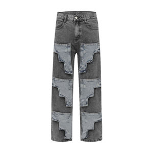 กางเกงยีนส์ผ้ายีนส์ผู้ชายทรงตรงสไตล์วินเทจผ้ายืดเอวสูงซักได้สีเข้ม - Product Image 1