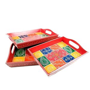 Juego de bandejas para servir de 3 bandejas de madera decorativas artesanales para desayuno, café, té, bandejas para servir aperitivos (Rectangular) - Product Image 1