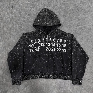 Streetwear personnalisé 380 500gsm hommes français éponge polaire partout impression strass Boxy recadrée visage intégral demi fermeture éclair à capuche hommes - Product Image 1