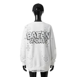 Sudadera Extra Grande para Mujer, de Algodón y Felpa, Blanca, con Paneles en las Mangas, Logotipo Personalizado, Pedrería, Termoadhesiva, Transpirable - Product Image 2