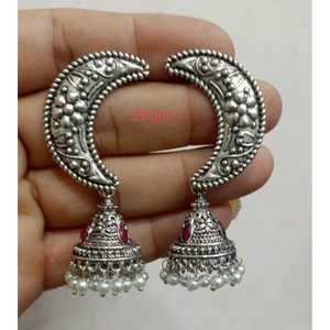 Boucles d'oreilles pendantes incurvées oxydées, style vintage, tendance, en forme de lune, en alliage et zinc, avec pierres de rubis et de zircon, pour mariage et cadeau - Product Image 1