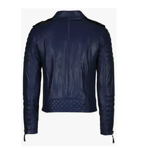Chaqueta de Motocicleta de Cuero para Hombre de Alta Calidad, Azul, con Cuello Alto, Diseño Elegante y Urbano, Resistente al Viento, Transpirable, con Detalle Frontal - Product Image 1