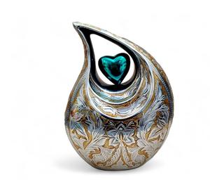 Urne en forme de larme en argent avec gravure dorée et cœur vert pour commémoration, urnes de 10 pouces pour cendres humaines, capacité jusqu'à 200 livres - Product Image 1