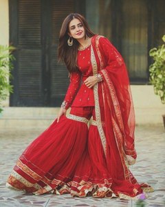VESTIDO DE TRAJE DE FIESTA INDIA DE CALIDAD PREMIUM DISEÑADOR ROJO SHARARA PALAZZO SALWAR A LA MEJOR TARIFA AL POR MAYOR en GEORGETTE FABRIC - Product Image 4