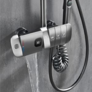 Système de douche thermostatique exposé noir mat en gros, valve en céramique, tête carrée, pluie, massage, cascade - Product Image 2