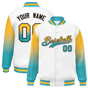 Chaqueta Bomber Deportiva Personalizada con Degradado Blanco, Verde Azulado y Amarillo, Nombre del Equipo, Número, Logotipo, Ropa Deportiva Universitaria - Product Image 1