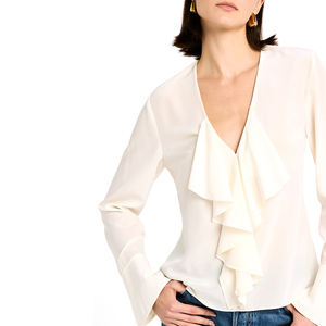 Blusa de manga corta para mujer elegante Top corto con cuello en V relajado, elaborado con una lujosa mezcla de seda 50% y lino 50% - Product Image 4