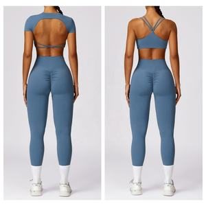 Combinaison de yoga personnalisée pour femmes, soutien-gorge de sport à bretelles dans le dos croisé, leggings unis de grande taille sans couture en T, ensemble de 2 pièces taille bout à bout - Product Image 5
