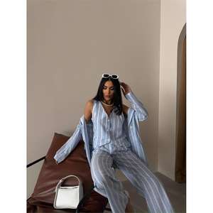 Conjunto de Traje Azul de Lino a Rayas para Mujer, Chaleco y Pantalones - Product Image 4