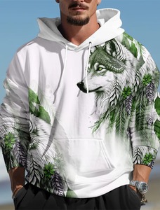 Sudadera con Capucha para Hombre con Bordado 3D de Lobo, 100% Algodón, Verde Oscuro Sólido, Manga Larga, Estilo Urbano Otoñal, Diseño de Diseñador - Product Image 2