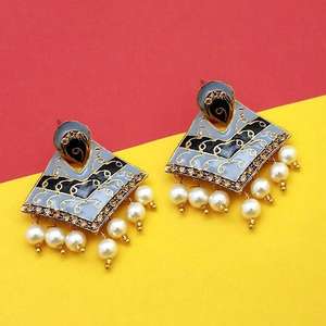 Boucles d'oreilles Kriaa Fine Dangle Pierre Autrichienne Gris Meenakari Dangler Modèle 1314239F - Product Image 1