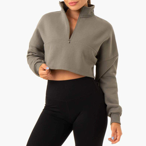 Jersey con capucha de punto de lana de algodón con logotipo personalizado para mujer, traje de Gimnasio Deportivo bordado Vintage con media cremallera para invierno 2025 - Product Image 3