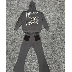 Conjunto de chándal con capucha lavado con ácido para hombre de peso pesado Joggers acampanados de invierno con diamantes de imitación transpirable DTG impreso chándal - Product Image 2