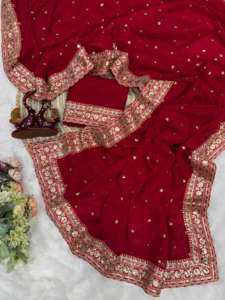 Sari de Georgette Puro de Diseño Premium para Mujer con Lentejuelas y Bordado Dori, Borde de Encaje, Hecho en India - Product Image 4