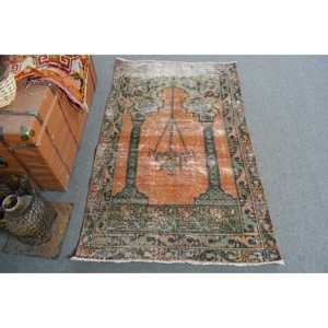 Tapis turc vintage en laine, patchwork écologique, tapis Ombré 3,2x5,1 pieds, orange vert, avec support en latex - Product Image 1