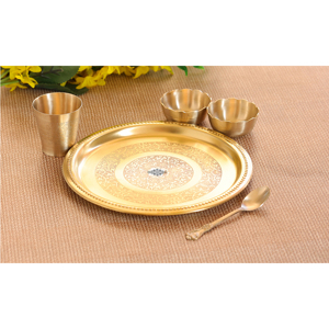 IndianArtVilla Pure Brass Matt Finish Embossed Design Dinner <b>Set</b> 5 Pieces <b>Set</b>-Serveware <b>for</b> Home Restaurant Use <b>8</b>" Inches - Product Image 4